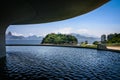 View to Sugar Loaf mountain from Niemeyer`s Niteroi Contemporary Art Museum taken in Niteroi, Rioi de Janeiro, Brazil