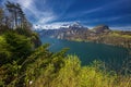 View to Swiss Alps and Lucerne lake from Sisikon village, Switzerland. Royalty Free Stock Photo