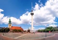 View to the television tower, the Marienkirche and the Neptune Fountain in Berlin Mitte, Germany