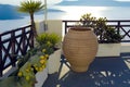 Santorini, terrace over the sea. Patio with view over caldera. Royalty Free Stock Photo