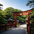 View to Torii gates in Fushimi Inari Shrine. Famous place in Kyoto, Japan made with Generative AI