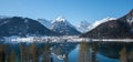 View to tourist destination Pertisau, lake Achensee in winter, blue sky