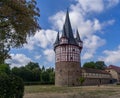 View to tower called Junker Hansen tower in the german city called Neustadt Hessen.