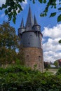 View to tower called Junker Hansen tower in the german city called Neustadt Hessen. Royalty Free Stock Photo