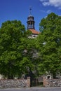 View to the tower of a medieval village church in the state of Brandenburg, Germany