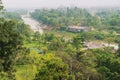 View to the town of Vang Vieng and Nam Song River from the limestone karst mountains in Vang Vieng, Laos.