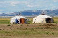 View to the traditional Mongolian yurts nomadic tents located in steppe circa Kharkhorin, Mongolia.