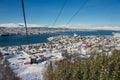 View to the Tromso city from the Fjellheisen aerial tramway cabin in Tromso, Norway. Royalty Free Stock Photo