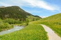 View to Tuxertal valley with Tux river and Zillertal alps near village Juns and Hintertux glacier in summer, Tirol Austria Europe