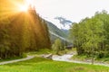 View to Tuxertal valley with Tux river and Zillertal alps near village Juns and Hintertux glacier in summer, Tirol Austria Europe