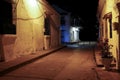 View to typical street with one story buildings at night in light of lanterns, Santa Cruz de Mompox, Colombia, World Heritage Royalty Free Stock Photo