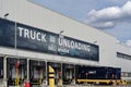 View to the unloading zone of a logistics center of a large online retailer