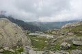 View to valley Bors from mountain slope with litile pond , Alagna Valsesia area,