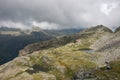 View to valley Bors from mountain slope with litile pond , Alagna Valsesia area,