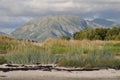 View to the mountains in Torget island in BrÃÂ¸nnÃÂ¸y, Nordland on summer evening Royalty Free Stock Photo