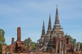 View to Wat Phra Si Sanphet temple in Ayutthaya historical park and temple bricks wall ruins remains, Ayutthaya