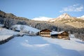 View to a winter landscape with old farmhouse and mountain range, Gasteinertal valley near Bad Gastein, Pongau Alps - Salzburg Aus Royalty Free Stock Photo