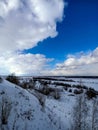 View to winter snow river covered snowflakes with blue sky Royalty Free Stock Photo