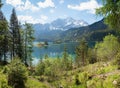 view to Zugspitze mountain, Wetterstein alps, spring landscape lake Eibsee Royalty Free Stock Photo
