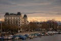 View to Zurich city harbour during susnet