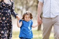 View on toddler. Mother, father hold hands daughter enjoy nature and walk in spring park. Young family spending time together on