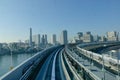 View of Tokyo Bay with many buildings and skytrain track at Odaiba island, Toyko