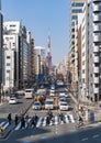 View of Tokyo Tower and a busy street in Japan Royalty Free Stock Photo