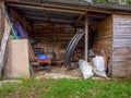 View of the tools and assorted objects in a rustic shed