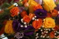 View from the top on a beautiful bouquet of orange and yellow Roses flowers. Royalty Free Stock Photo