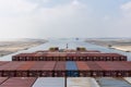 View on the top of the containers loaded on deck of the large cargo ship. Royalty Free Stock Photo