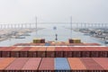 View on the top of the containers loaded on deck of the large cargo ship. Royalty Free Stock Photo