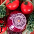 View from the top cover vegetables on a wooden platter