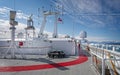 View of the top deck of Hurtigrutens MS Fridtjof Nansen - expedition cruise ship - surrounded by icebergs in Disko Bay, Greenland