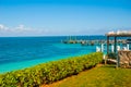 The view from the top Exotic Paradise. Tropical Resort. Caribbean sea Jetty near Cancun. Mexico beach tropical Royalty Free Stock Photo