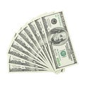 View from top fan American money hundred dollar bill isolated on white background clipping path. Pile US 100 banknote Royalty Free Stock Photo