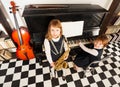 View from top of girls play on music instruments Royalty Free Stock Photo