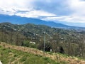 The view from the top from a height of a beautiful tourist city with buildings and houses, roofs of trees and plants, nature Royalty Free Stock Photo