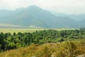 View from the top of the hill through the dense forest to the sun-drenched valley in the mountains on a sunny autumn day Royalty Free Stock Photo