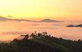 View on top of the hill during the misty sunrise at yun lai viewpoint, pai, thailand.