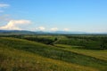 View from the top of the hill at the vast steppe on a cloudy summer day with a dense birch forest and a straight field road Royalty Free Stock Photo