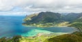 View from the top of Kleppstadheia mountain to the bay with turquoise water, and Rystad and Toe villages on the shores Austvagoya