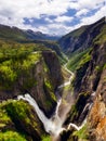 View from the top of Mabodalen of the famous Voringsfossen waterfall, in Hordaland, Norway Royalty Free Stock Photo