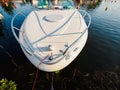 View from top on moored motorboat bow on a lake Royalty Free Stock Photo