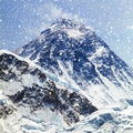 View of top of Mount Everest with clouds and snowfall Royalty Free Stock Photo