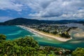 View from the top of Mount Paku with blue sky above, Tairua, Coromandel Peninsula, North Island, New Zealand Royalty Free Stock Photo