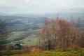 A view from the top of the mountain Gemba or Gimba down to the meadow and village Pilipec, Carpathian mountains, Ukraine