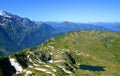 View from top of mountain Le Brevent on the lake Lac du Brevent. French Alps Royalty Free Stock Photo