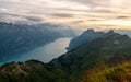 view from the top of a mountain to lake during sunset, brienzer rothorn switzerland alps Royalty Free Stock Photo