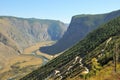 View from the top of the mountain on a winding dirt road descending a steep slope into a beautiful valley surrounded by mountains Royalty Free Stock Photo