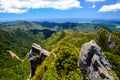 View from the top of The Pinnacles Track Hike with blue sky above at Coromandel Peninsula, North Island, New Zealand